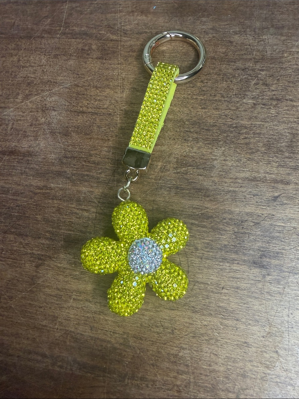 Yellow Crystal Flower Keychain Bag Charm Gold Clip